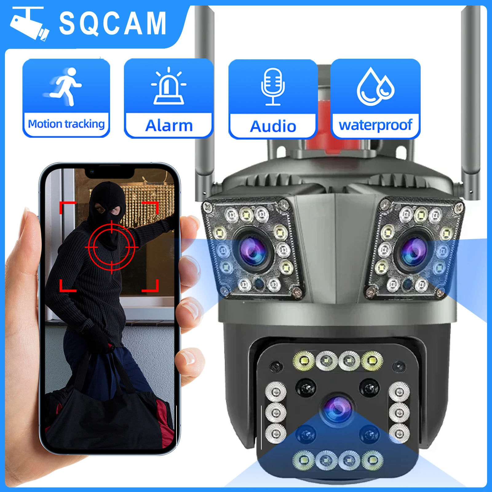 

SQCAM 12MP HD Wifi surveillance cameras wifi security camera 3 lens Outdoor wifi camera PTZ auto motion detection protection
