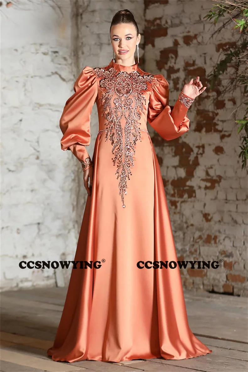 

Long Sleeve Hijab Muslim Evening Dresses Satin Appliques High Neck Formal Party Prom Gown A Line Arabic Islamic Robes De Soirée