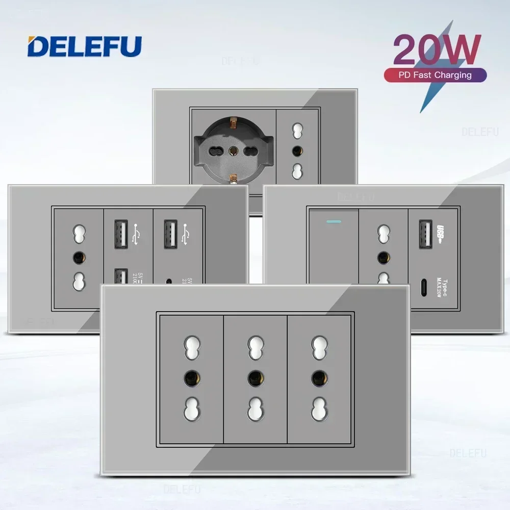 DELEFU สีเทากระจกนิรภัยอิตาลี USB TypeC Fast CHARGING Wall SOCKET Schuko Tuya WiFi สมาร์ทสวิทช์ SAT TV Tel Doorbell ชิลี 1