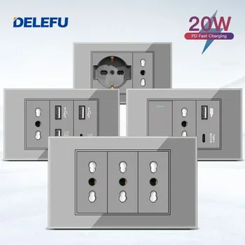 DELEFU สีเทากระจกนิรภัยอิตาลี USB TypeC Fast CHARGING Wall SOCKET Schuko Tuya WiFi สมาร์ทสวิทช์ SAT TV Tel Doorbell ชิลี 1