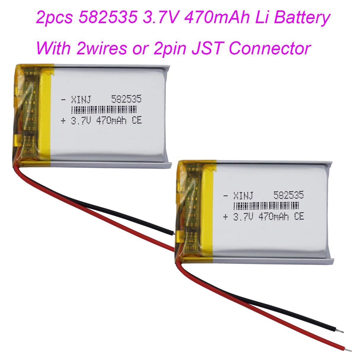 

2pcs 3.7V 470mAh 1.74Wh Rechargeable Li-Polymer Lipo Battery 582535 JST 2Pin 1.0/1.25/1.5/2.0/2.54mm plug For Bluetooth Speaker