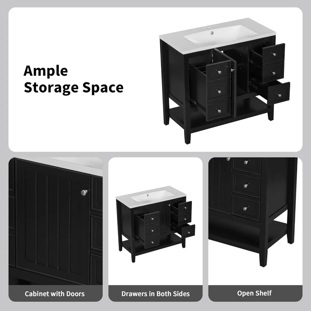 36" Bathroom Vanity with Sink Combo, Bathroom Sink Cabinet One Cabinet and Three Drawers, Solid Wood and MDF Board, Black 6