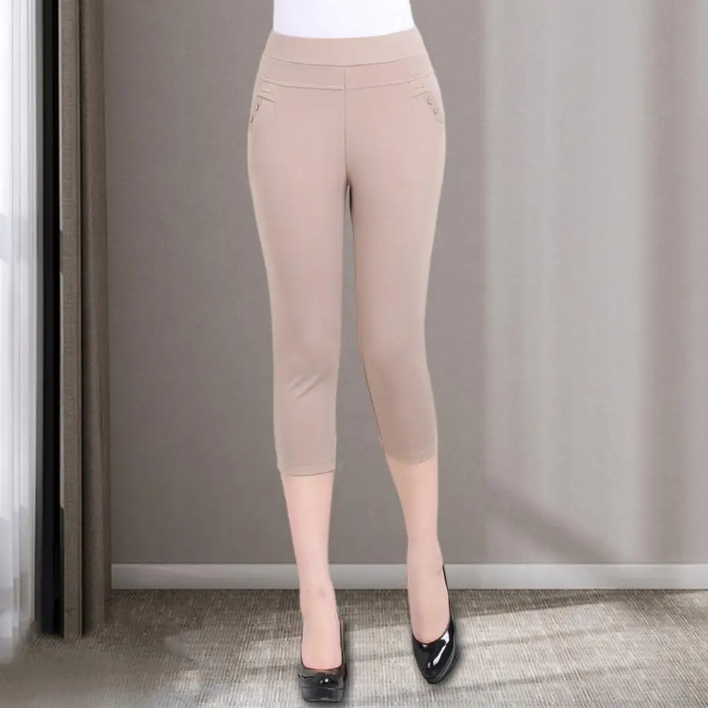 

Women Workwear Trousers High Waist Cropped Pants for Middle-aged Women Slim Fit Trousers with Pockets Solid Color for Streetwear