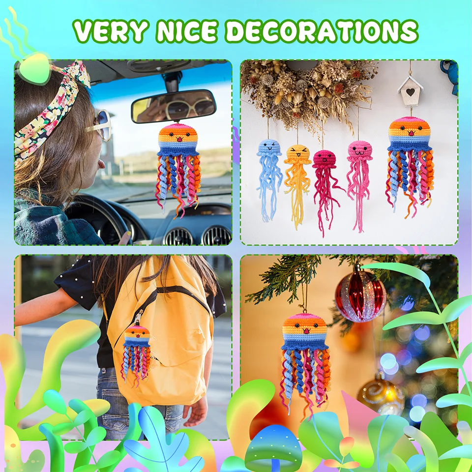 6Pcs Jellyfish Crochet Material Package with Step-by-Step Video Tutorials Unfinished Crochet Animal Kit for DIY Craft Beginner
