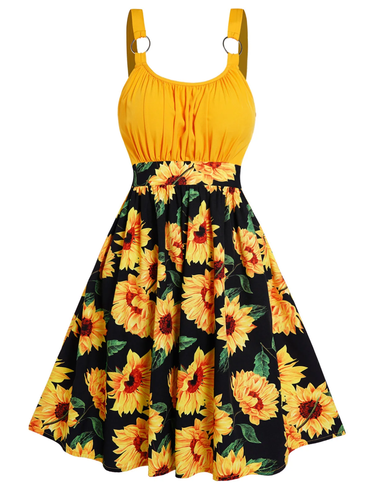 Sunflower Print Colorblock Sundress Ruched O Ring High Waist Vacation