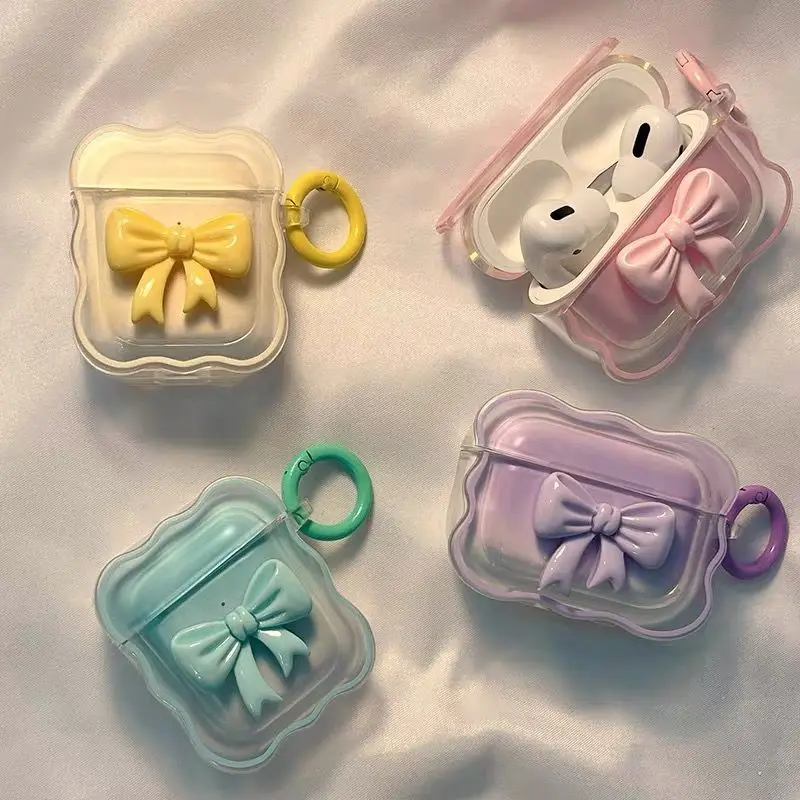 Pink Floral Bow Wave 3D Case with Keychain for Wireless Earbud Charging Cases