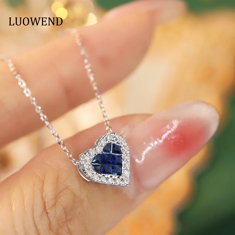 

LUOWEND 18K White Gold Necklace Fashion Heart Design Real Natural Sapphire Gemstone Necklace for Women Shiny Diamond Jewelry