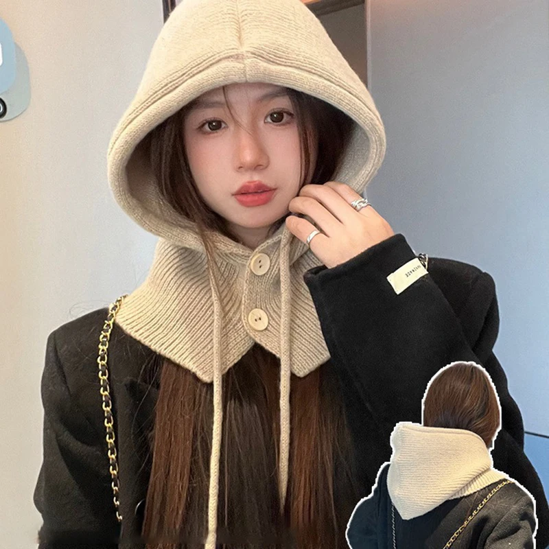 Winter Balaclava Hat Warm Knitted Women's Hood Hat Solid Color One-piece Neck Pullover Cap Outdoor Cashmere Caps 5