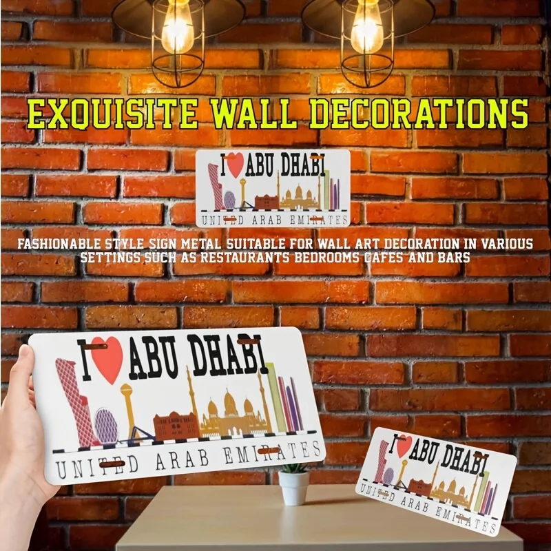 Aluminum UAE License Plate Wall Art - Retro Metal Sign Featuring Iconic Dubai and Abu Dhabi Landmarks