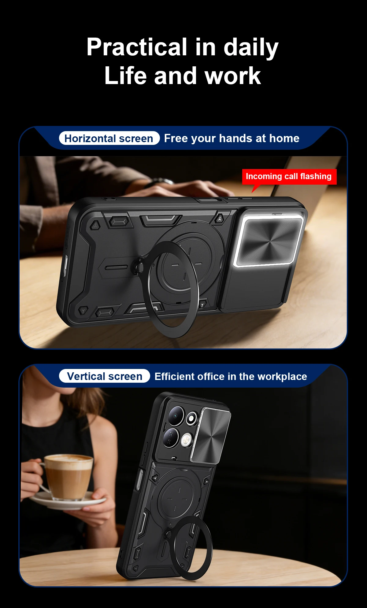 Slim Shockproof Kickstand Phone Case with Lens Protector