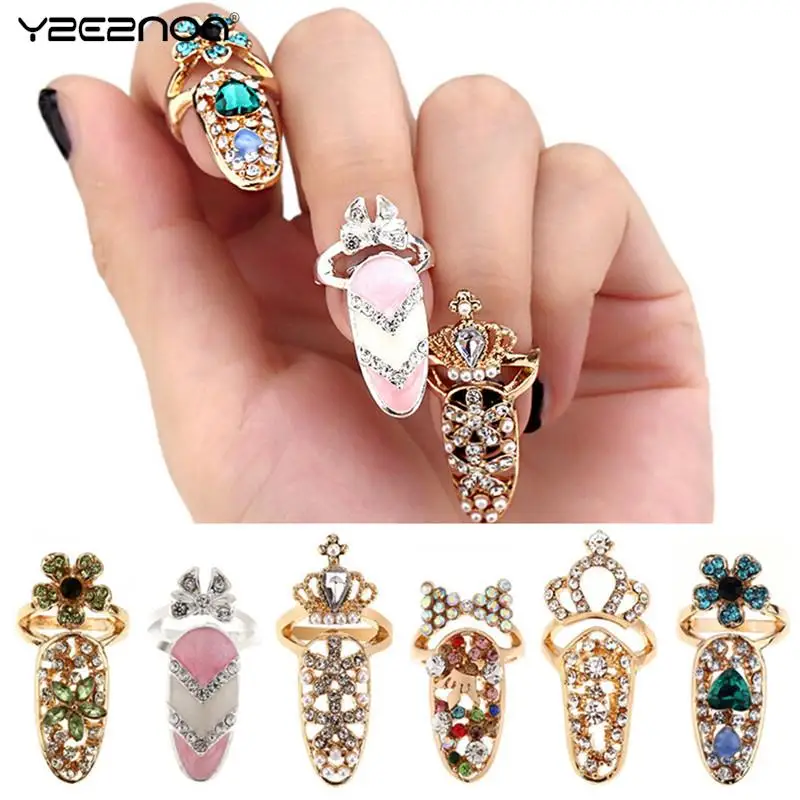Charm Flower Lady Rhinestone Fingernail Protective Fashion Jewelry Bowknot Crown Nail Ring Crystal Finger finger ring jewelry accessories