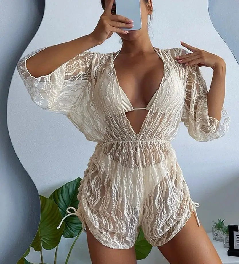 Yiiciovy Summer Sexy Women 3PCS Bikini Set 3/4 Sleeve V neck See