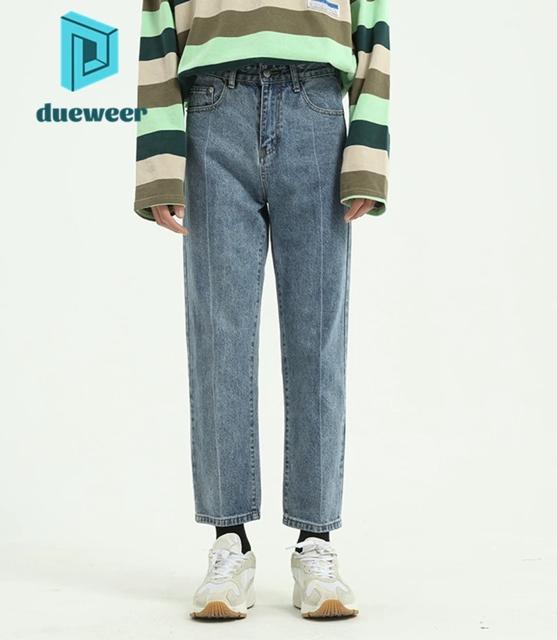 

Джинсы DUEWEER мужские укороченные прямые, штаны из денима с завышенной талией в стиле Харадзюку, Повседневная Уличная одежда в стиле хип-хоп, синие