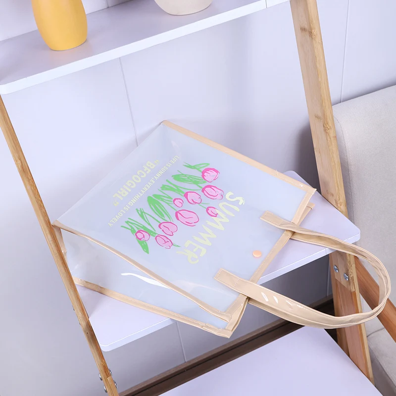 Clear Tote Bag Handbag Water-Resistant PVC Summer Bag Ladies Transparent Shopping Bags Swimming Bag Daily Bag with Button