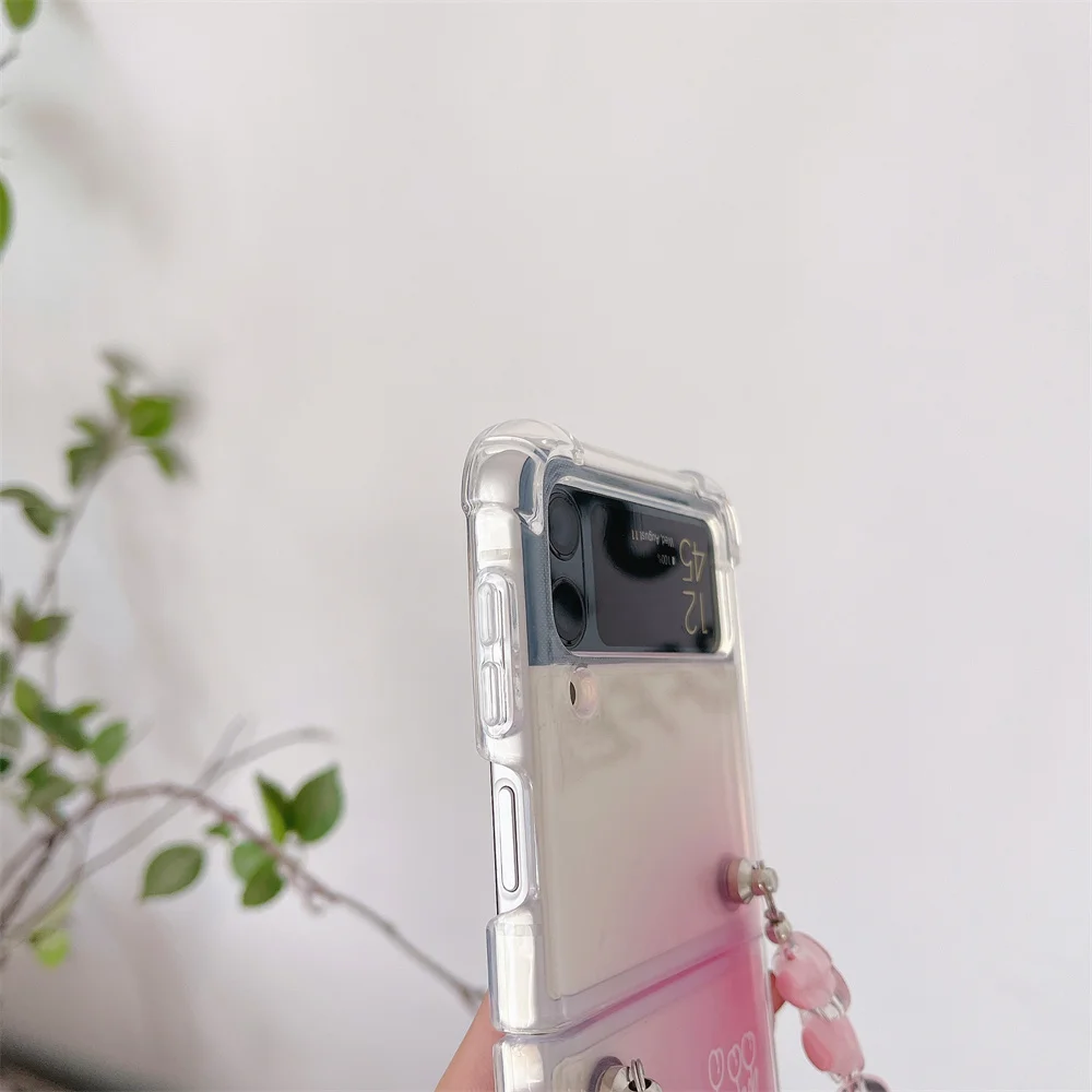 Pretty Flower Bracelet For Samsung Galaxy Z Flip 3 Case Gradient Color Transparent With Lanyard for Samsung Z Flip3 5G Cover galaxy flip3 case