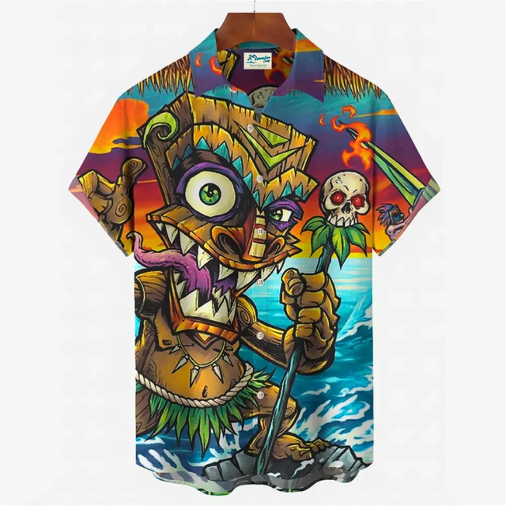 

Hawaiian Men's Shirt Summer Seaside Vacation Skull Head Pattern Oversized 3D Printed Casual Single Breasted Short Sleeved Top