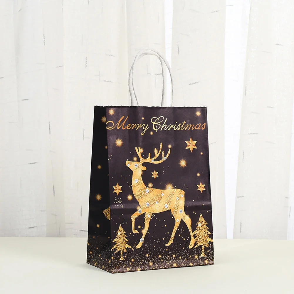 12PCS Christmas Candy Bags With Handle Christmas Kraft Paper Bags New Year Tree Elk Snowflakes Gifts Box Xmas Bag christmas gift bags christmas candy packaging