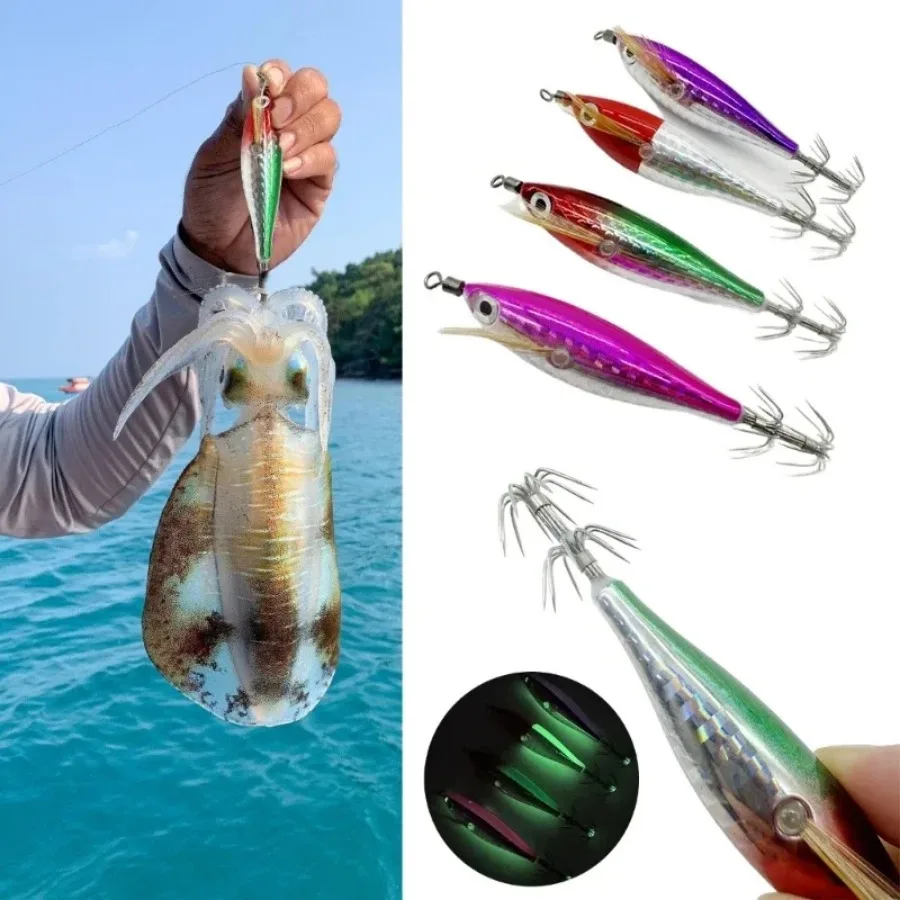 Ackibbik 4 Stück leuchtende horizontale Tintenfisch-Jig, Salzwasser-Tintenfisch-Glüh-Jigs, horizontale Meer-Garnelen-Jig-Köder, Cutlassfish, Angeln, Oktopus – Detail 1