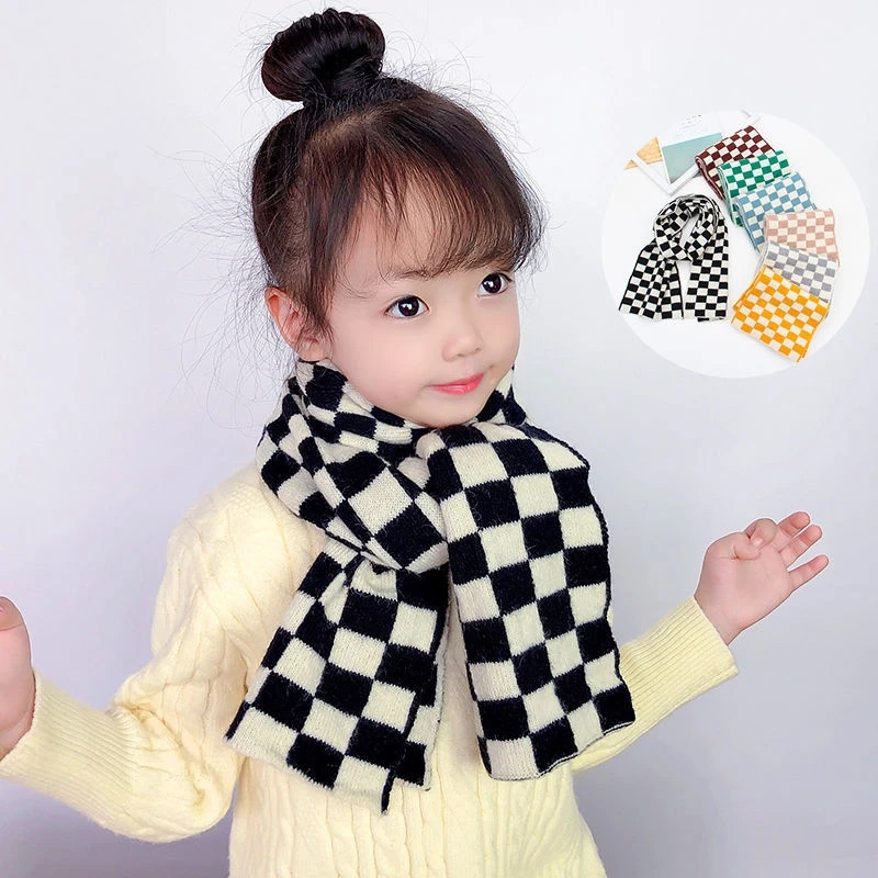 Checkerboard children's wool scarf knitted Korean black and white checkered children warm autumn and winter baby boys girls