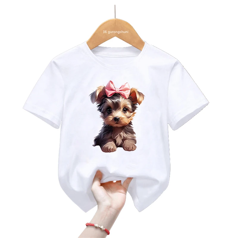 

Yorkie/French Bulldog/Dachshund Bow Animal Printed T Shirt Girls/Boys Kawaii Kids Clothes Summer Tops Short Sleeve T-Shirt