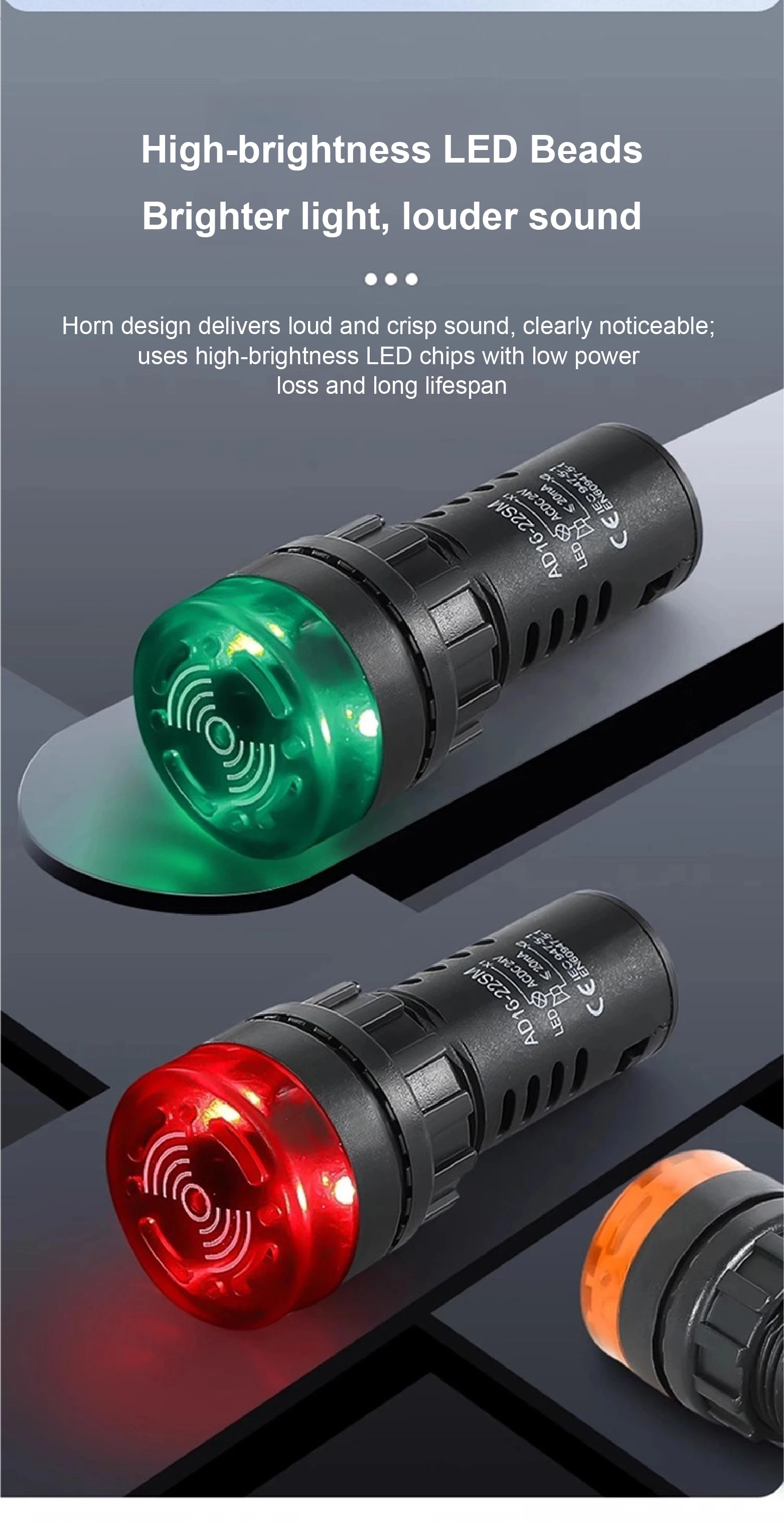 AD16-22SM 22mm LED Indicator Light with Buzzer Alarm, AC/DC 12V 24V 110V 220V, F