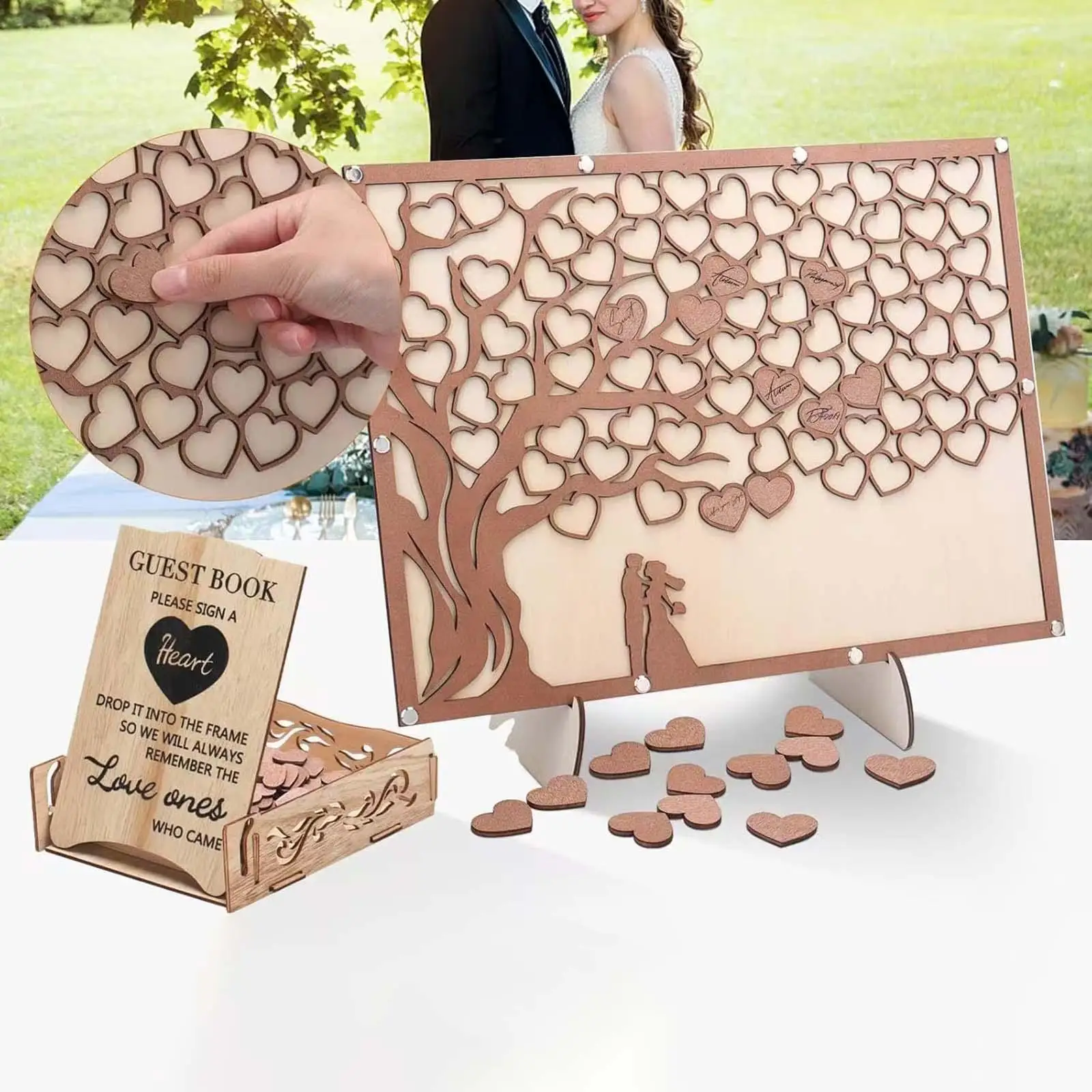 Romantic Wedding Guest Book Sign with Wooden Heart Signs and Stand for Table Centerpiece Ceremony Anniversary Bridal Shower