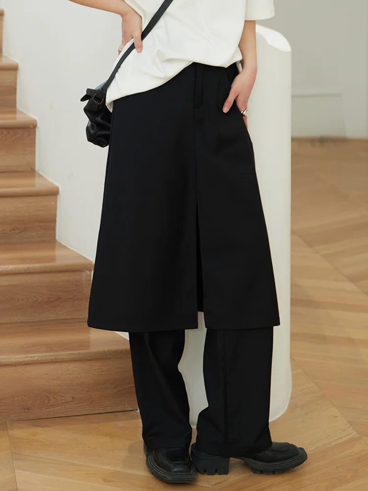 [EAM] High Elastic Waist Black Double Layers Long Wide Leg Pants New Loose Fit Trousers Women Fashion Spring Autumn 2026 1DF3962