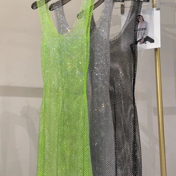 2023 섹시한 민소매 해골 반짝이 라인스톤 드레스, 그물 낚시 그물, 시스루 라운드 넥, 미디 파티 드레스, 신상 상품 이미지