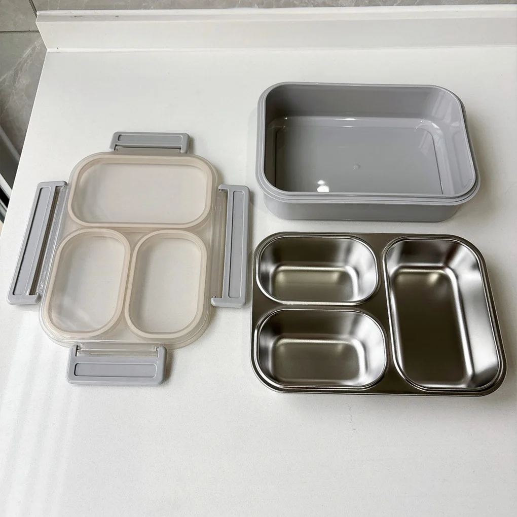 Stainless Steel Lunch Box with Compartments Food-Grade Non-Toxic Easy Clean 3 Compartments Snacks Kids Lunch Box Gray 5