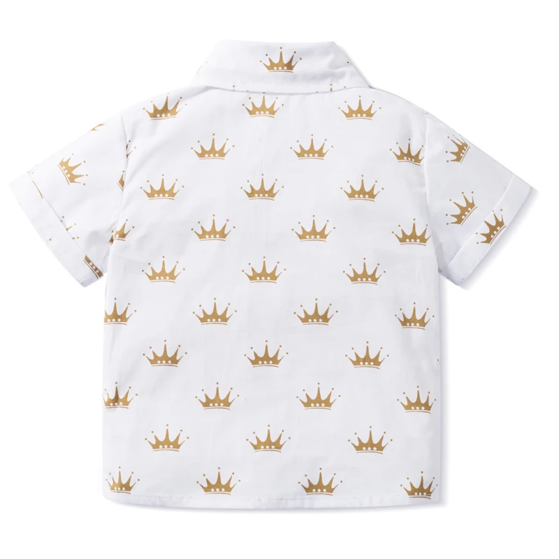 Summer Kids Boys Formal Outfit Suit Crown Printed Shirt with Bow Leather Belt Boy Birthday Party Clothes Set 1-6 Years kids clothes