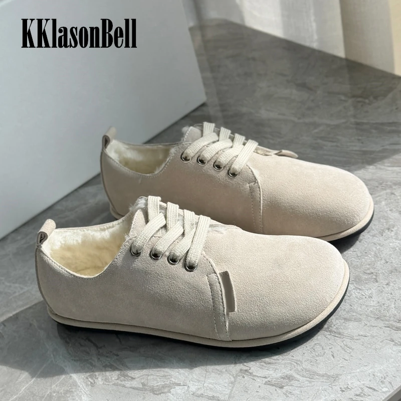 

11.15 KKlasonBell Soft Comfortable Wool Lining Keep Warm Cow Suede Lace-Up Vulcanize Shoes Women