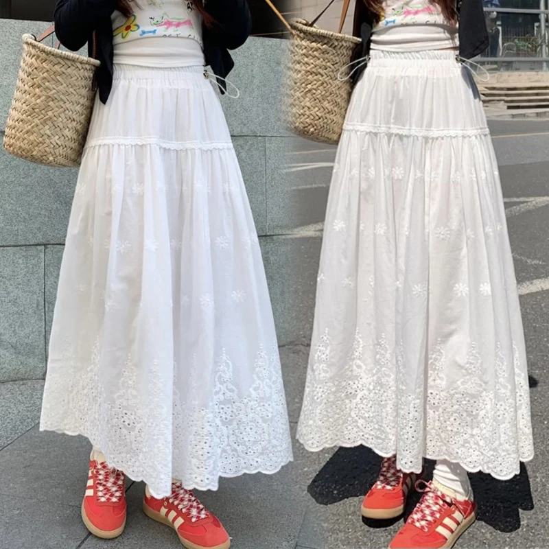 Korean Style Sweet Summer A-Line Maternity Skirt Drawstring Waist Hollow Out Embroideried Lace Pregnant Woman Skirt Breathable