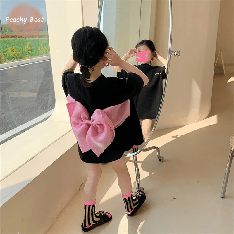  소녀 공주 코튼 티셔츠,  어린이 캐주얼 반팔, 큰 활 백 티, 여름  옷, 패션 18-10 세
