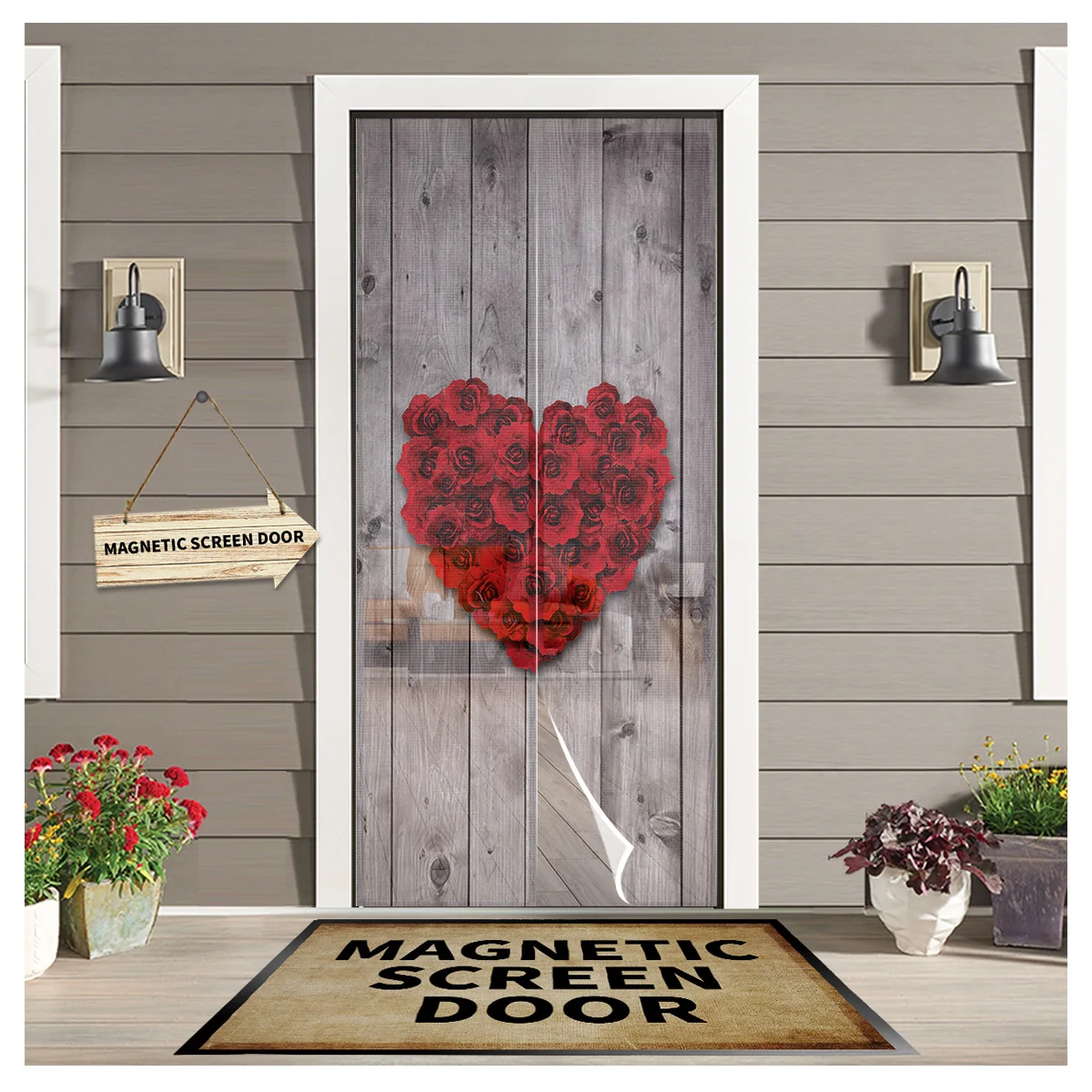 

Valentine'S Day Love Red Rose Magnetic Screen Door Curtain Living Room Bedroom Kitchen Anti-mosquito Window Screen