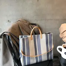 

Stylish Contrast Canvas Women's Handbag Designer Striped Large Capacity Tote Bag Retro Casual Simple Shoulder Bag Ladies 2022