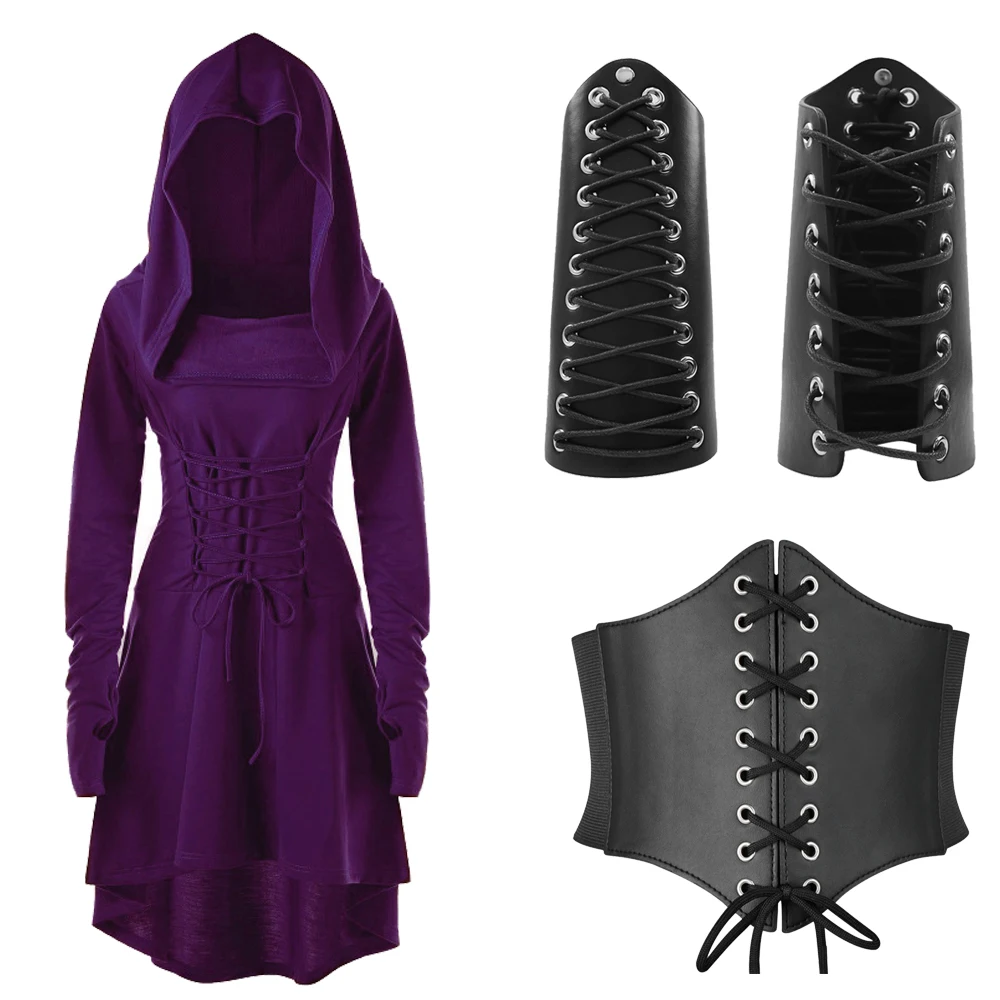 Vestido vintage para mujer, disfraz de arquero medieval renacentista, con capucha, con cordones, suéter largo con capucha, capa para Halloween