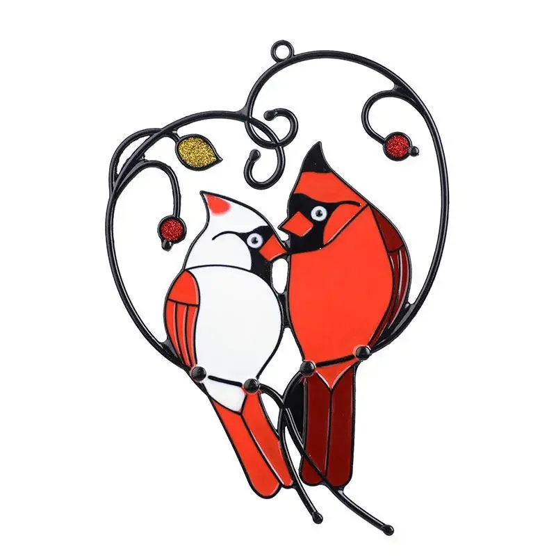 Colorful Metal Stained Glass Bird Panel Window Hanging Decor | Artistic Parrot & Birds Ornament with Wind Chimes