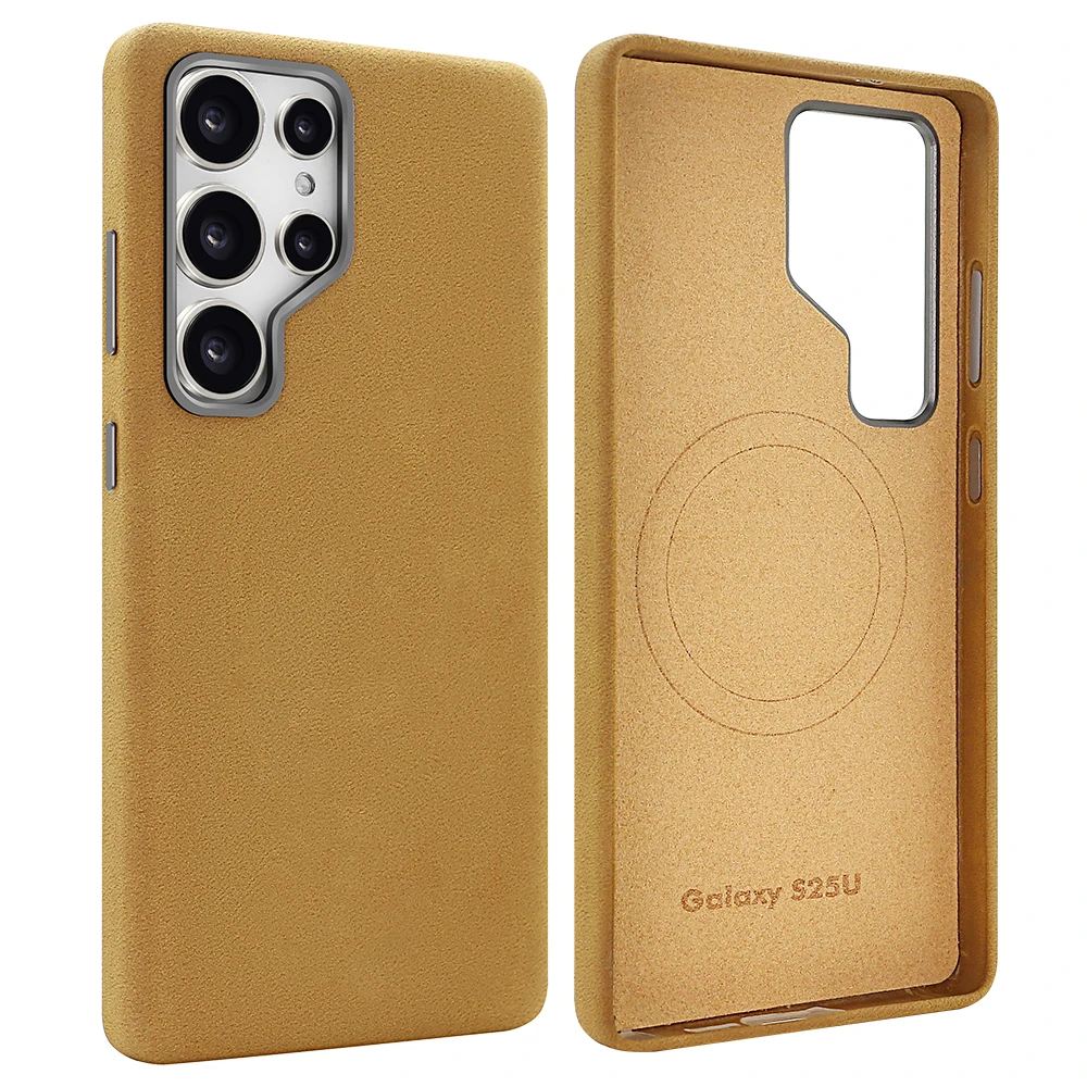 Premium Faux Suede Leather Magnetic Phone Case with Metal Camera Lens & Wireless Charging Compatibility