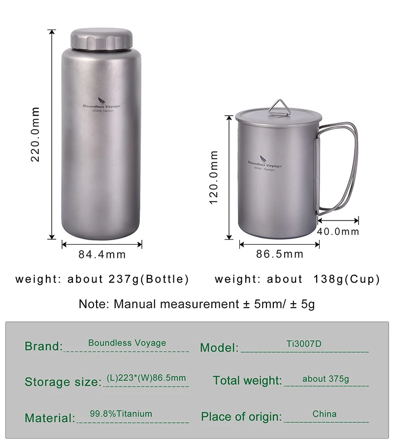 Description Picture 3 of itemBoundless Voyage Titanium Water Bottle 1050ml Camping Canteen Cycling Sport Drinking Bottle Metal Big Capacity Leak-Proof Flask