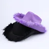 Fashionable Cowboy Hat Simple Solid Color Fur Edge Leopard Print Party Hat Women Men Performance Lanyard Fancy Dress Hat 4