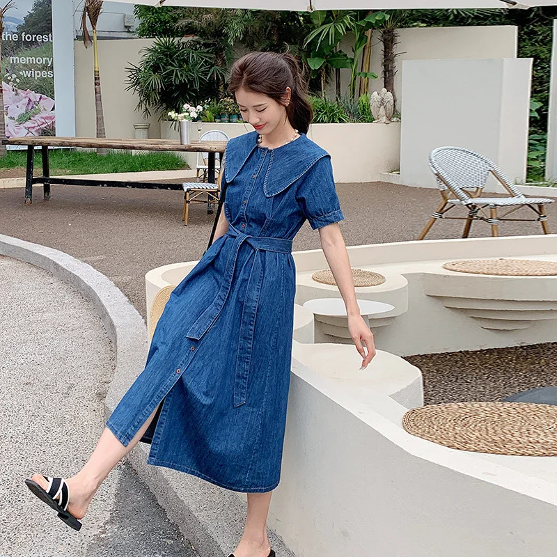 

Peter Pan Collar Short Sleeve Slim Denim Dress for Women 2023 Summer New Elegant Sweet Casual Korean Bandage Shirt Dresses 0511
