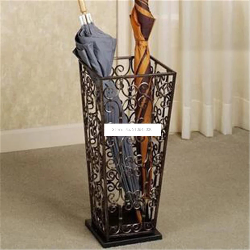 Fashion European Style Household Elegant Metal Iron Art Umbrella Storage Bucket Holder Square Hollow Umbrella Barrel Stand Rack