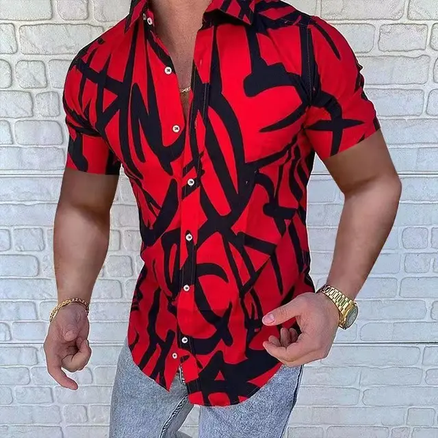 Summer New Men's Clothing European American Retro Trend Shirt Cardigan Single-Breasted Men's Short Sleeve Printing Shirt DXCS-6 Red