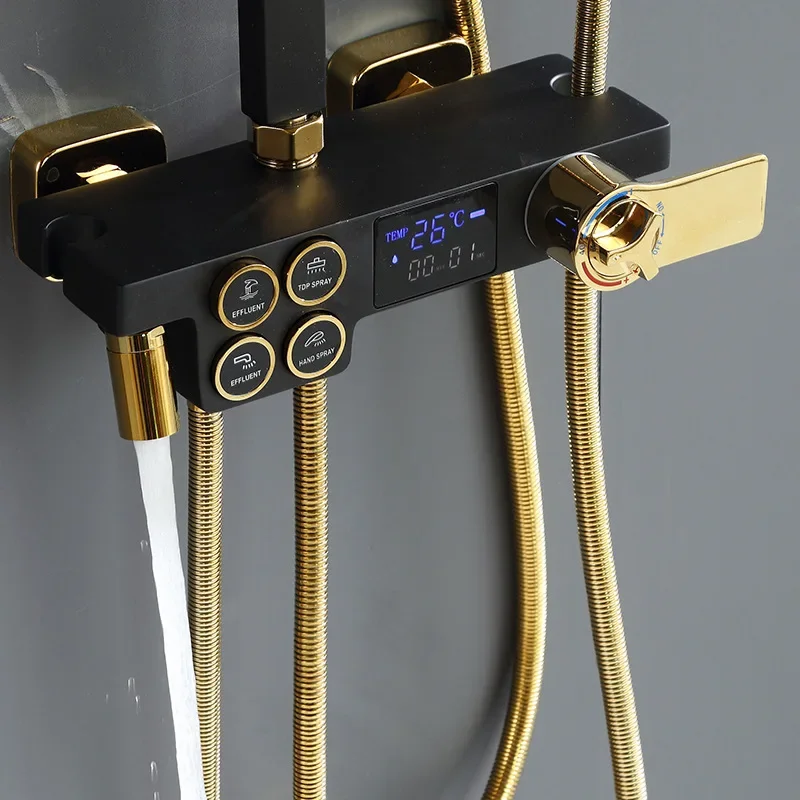 Newly Digital Shower System Set with Brass Bathtub Mixer Faucet Rainfall Shower Head Black Gold Thermostatic Bathroom Shower Set 2