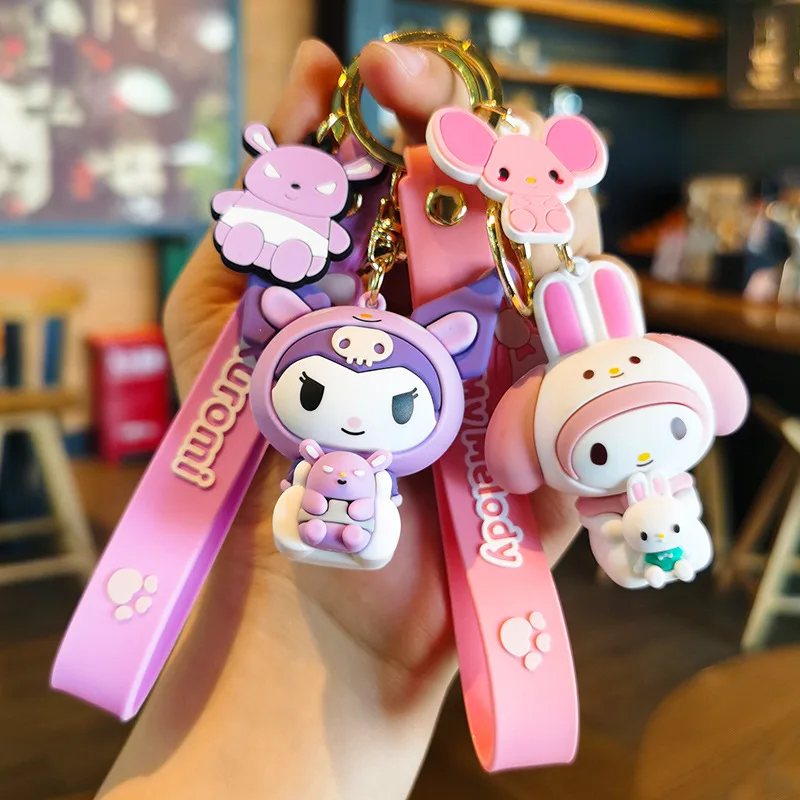 Anime Sanrio Hello Kitty Doll Keychain Black Rice My Melody Pochacco Action Doll Model PVC Keychain Cinnamon Doll Birthday Gift 6