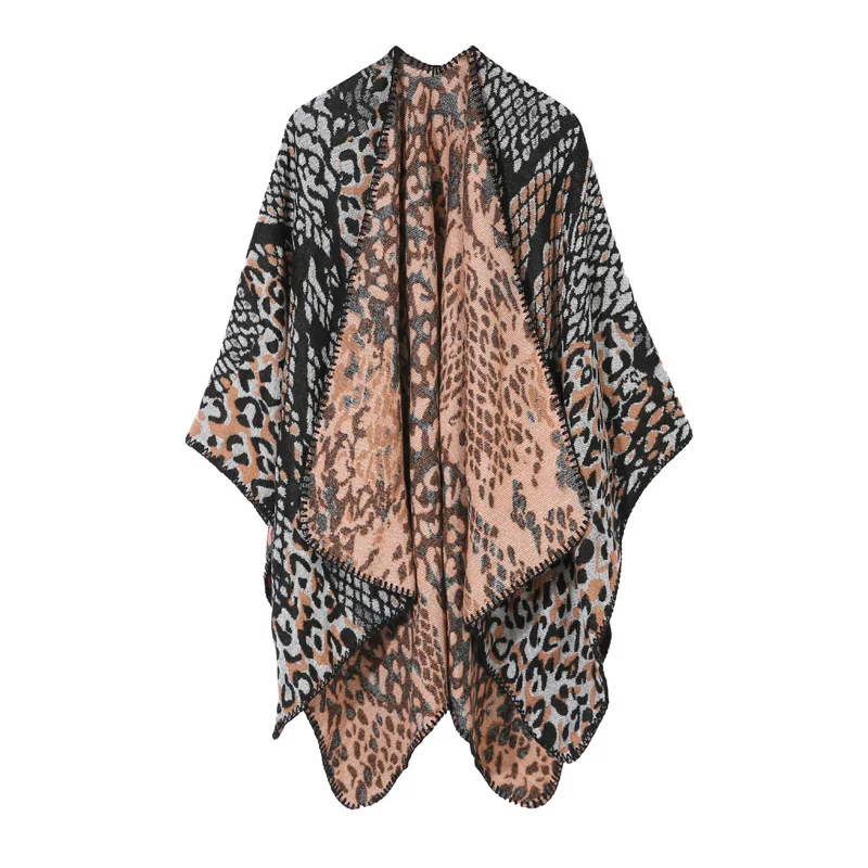 

Imitate Cashmere Knitted Shawl Women Leopard Print Cloak Keep warm Autumn Winter Poncho Lady Capes Khaki Cloaks