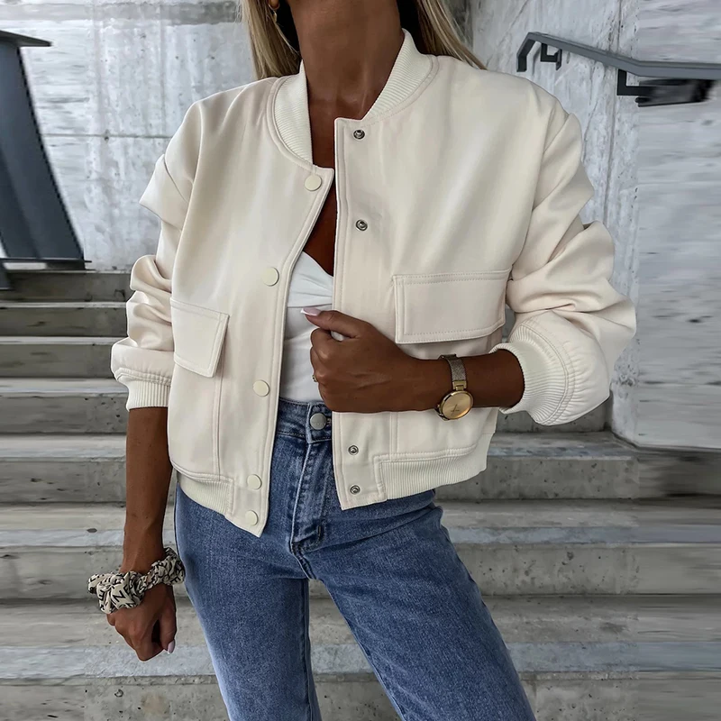 

Retro Streetwear Single breasted Outwear Fashion Autumn O-Neck Long Sleeve Baseball Coat Casual Women Solid Pocket Loose Jacket