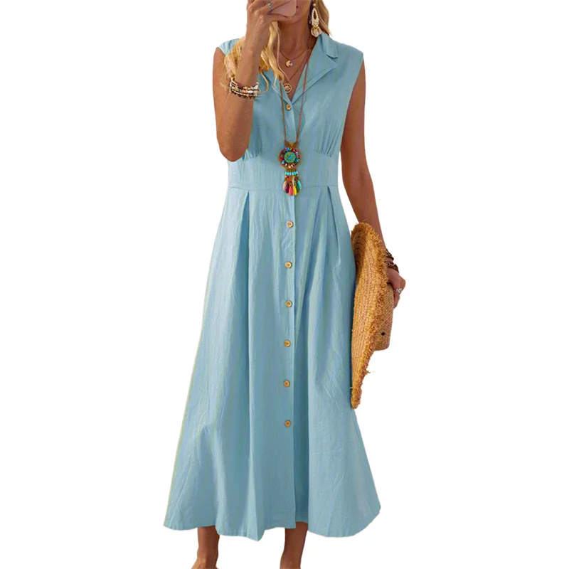 Beach Dress Women Solid Color Turn Down Collar Single Breasted Sleeveless A Line Long Dresses Vacation Party Dresses