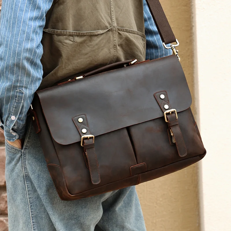 

Real cowhide shoulder bag, crazy horse leather handmade crossbody bag, computer bag, vintage handheld briefcase, casual boutique