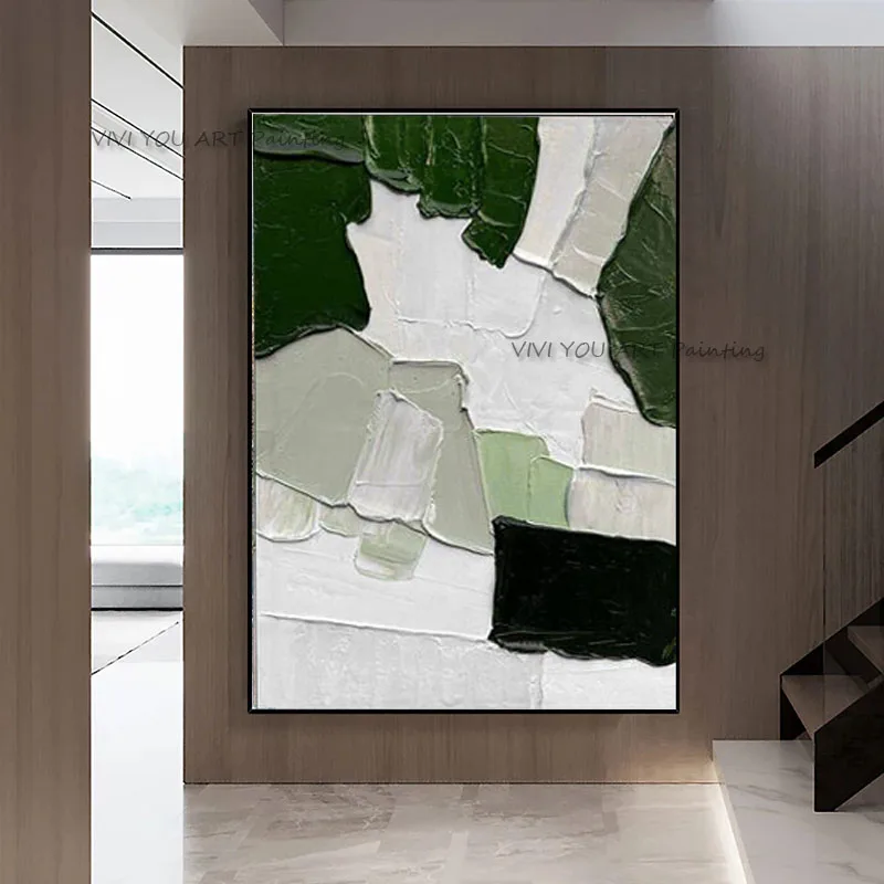 

Handmade Green Oil Paintings Modern Abstract Brush Room Art Porch Decor on Canvas Oil Painting Simple Large-size Mural Drawing